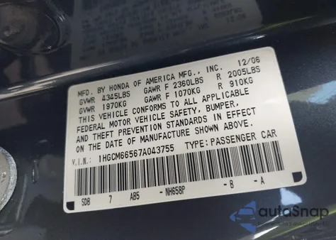 2007 Honda Accord 3.0 Ex z USA, uszkodzony, nr VIN 1HGCM66567A043755